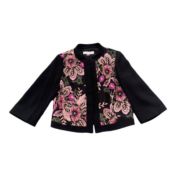 TAHARI ASL Floral Embroidered Collarless Jacket Black Classic Unique Size 4 Work - Picture 2 of 16